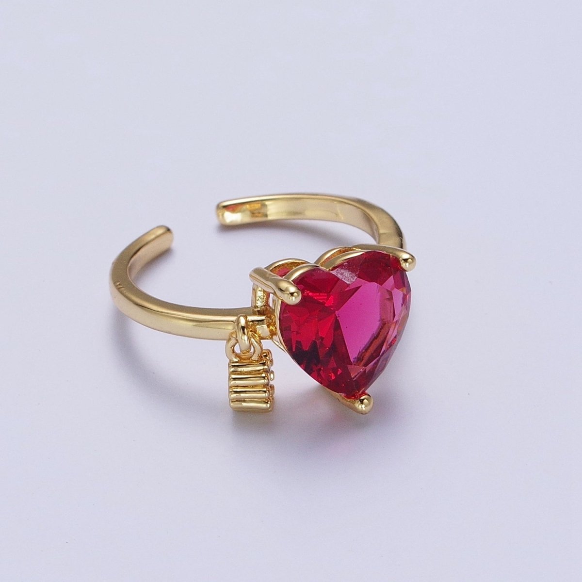Fuchsia Heart Cubic Zirconia Dangle Charm Adjustable Gold Ring | O-019