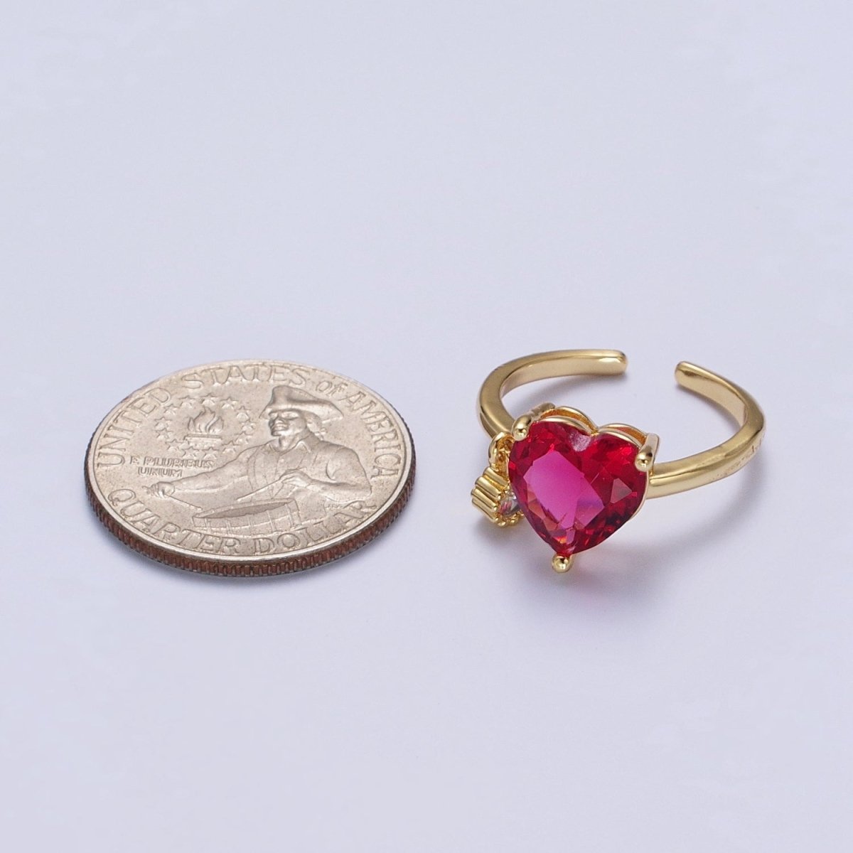Fuchsia Heart Cubic Zirconia Dangle Charm Adjustable Gold Ring | O-019