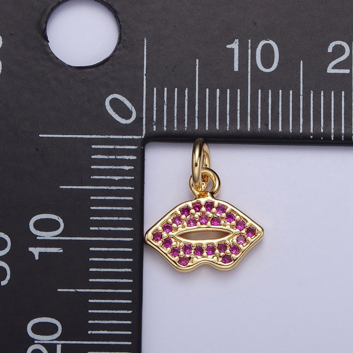 Fuchsia Micro Paved CZ Lips Gold Charm | C-733