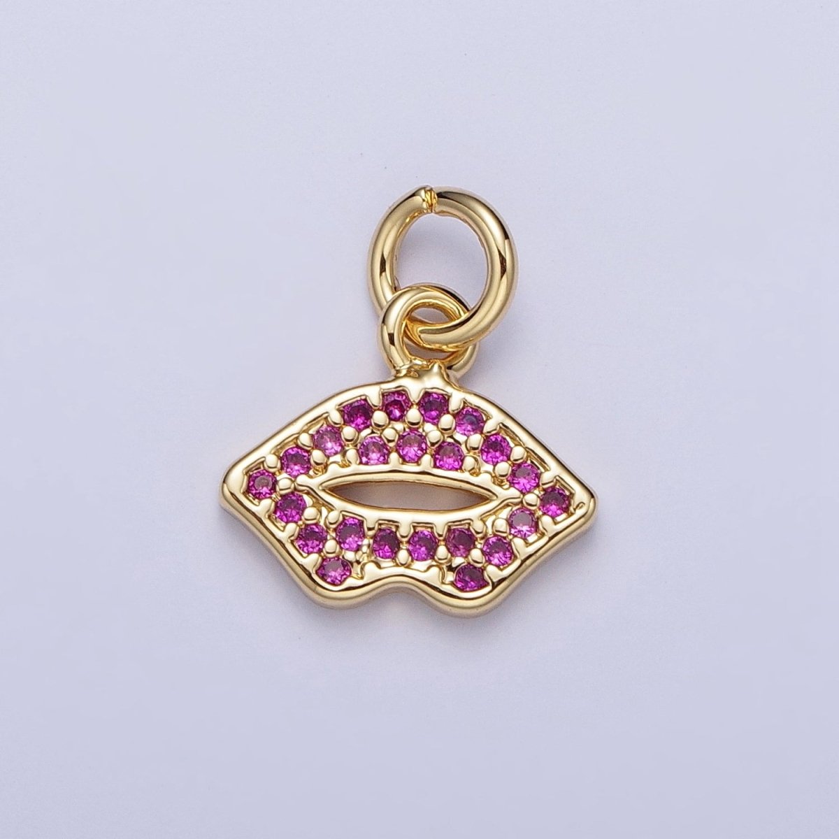 Fuchsia Micro Paved CZ Lips Gold Charm | C-733