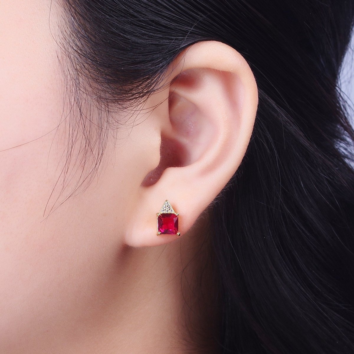 Fuchsia Square Baguette Cubic Zirconia Triangle Micro Paved CZ Stud Geometric Earrings | AD-588