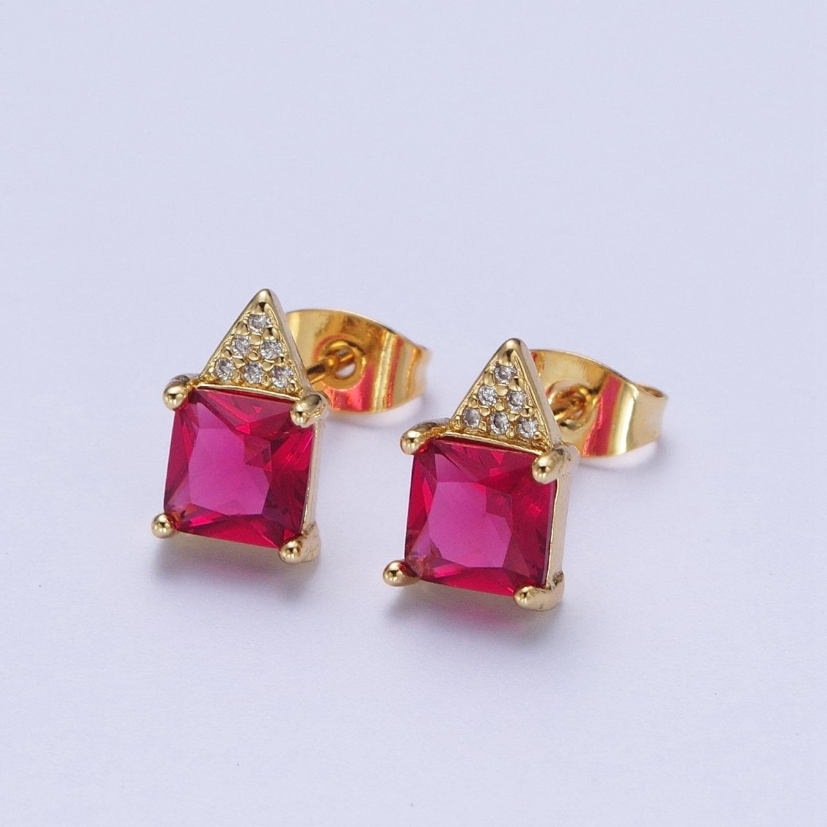 Fuchsia Square Baguette Cubic Zirconia Triangle Micro Paved CZ Stud Geometric Earrings | AD-588