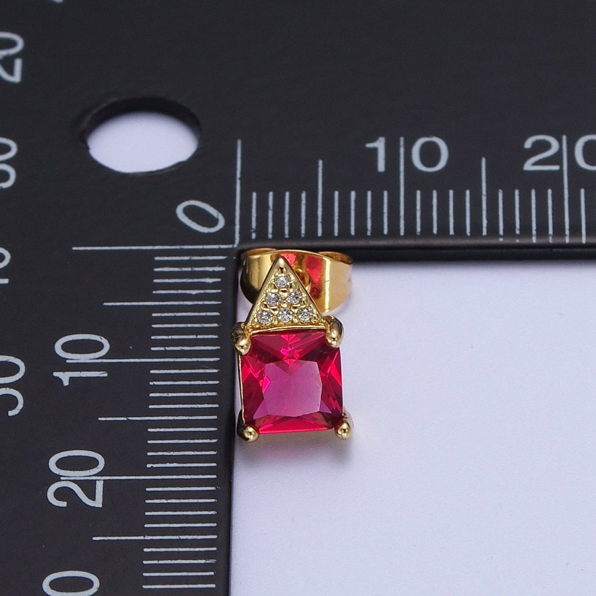 Fuchsia Square Baguette Cubic Zirconia Triangle Micro Paved CZ Stud Geometric Earrings | AD-588