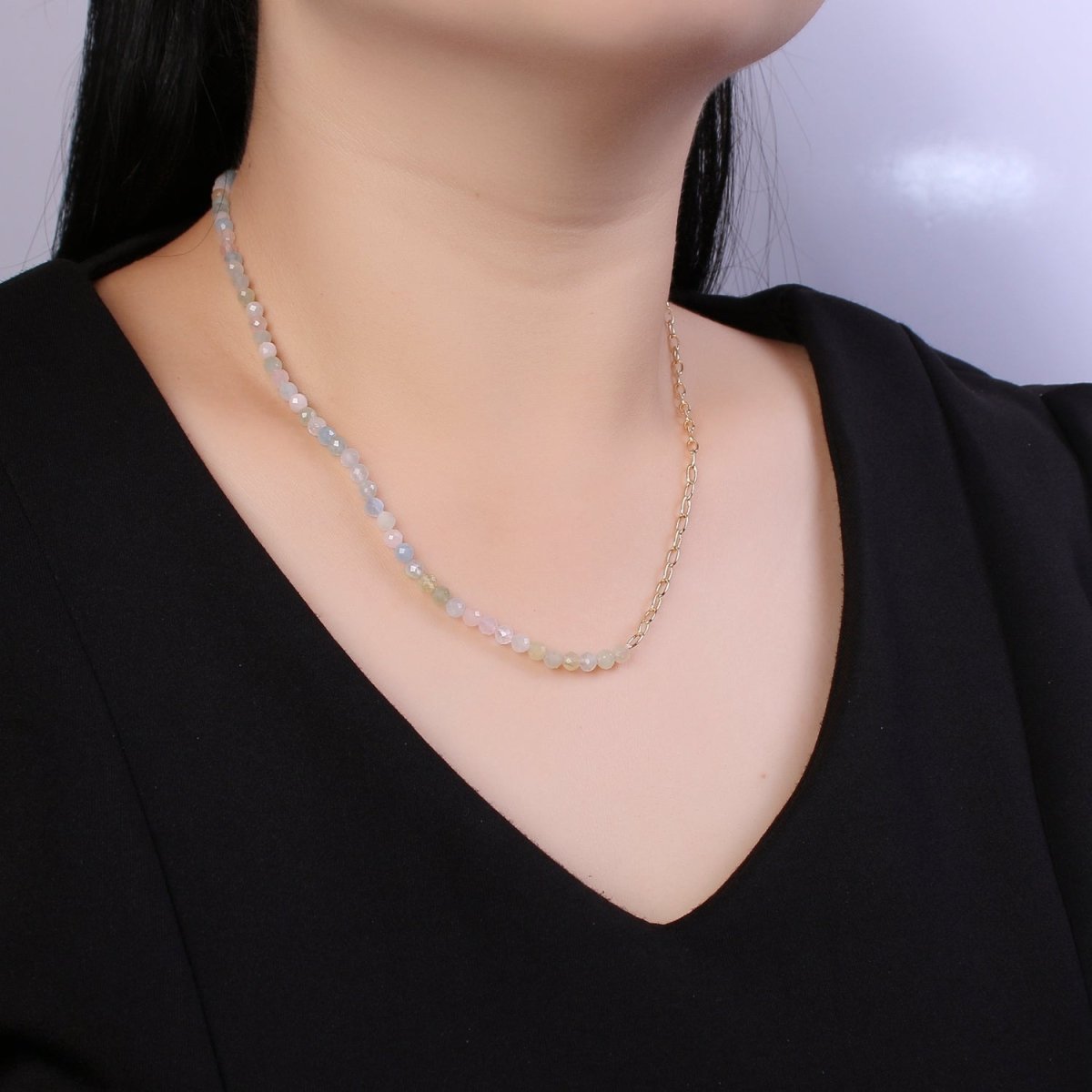 Fused 3mm Morganite Beads necklace w/ 14k Gold Filled Necklace, Mixed Cable Link Chain Necklace Ready To Wear Two Tone Necklace