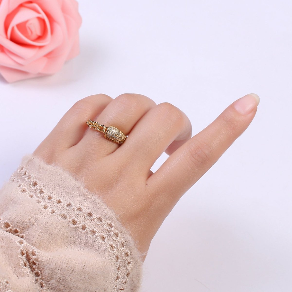Fushion Cz Ring With Chain Link Design Inspired Stackable Open Adjustable Ring U-275