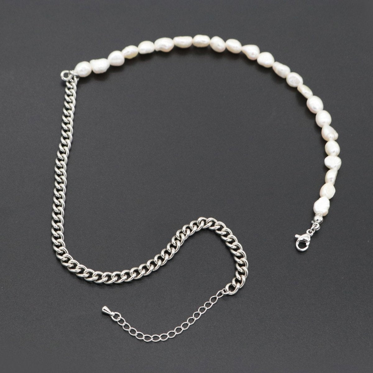 OS Fusion Baroque Fresh Water Pearl Silver Rolo Chain Link Necklace Unisex Jewelry | WA-286 Clearance Pricing
