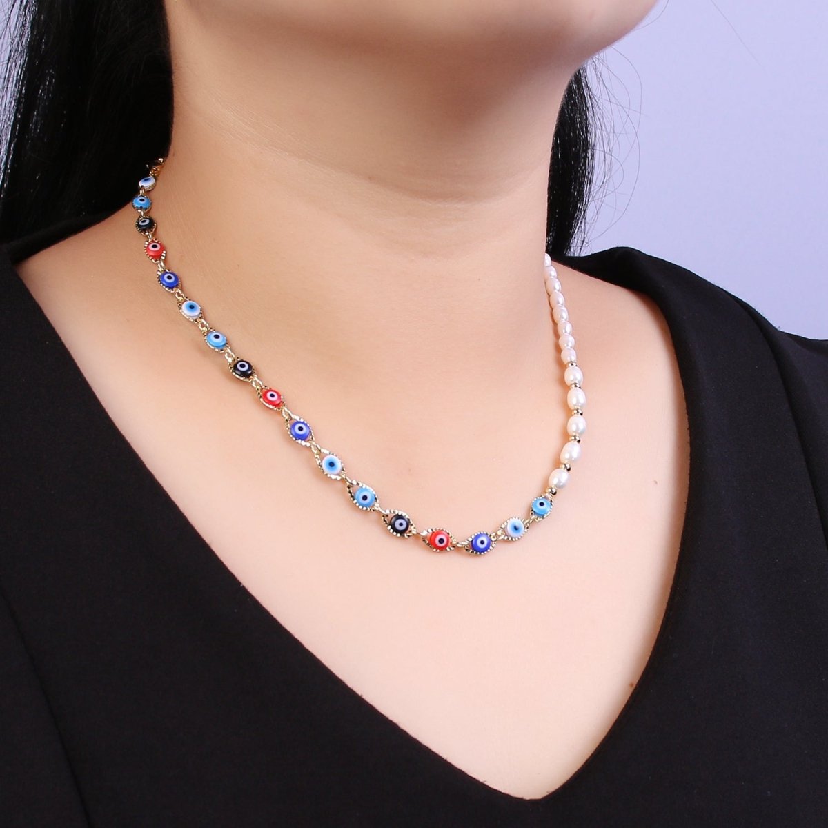 Fusion Evil eye necklace , Freshwater pearl necklace Amulet protection Necklace for Layering | WA-587 Clearance Pricing
