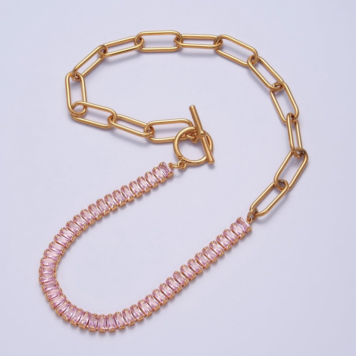 Fusion Necklace Half Baguette Tennis Chain, Half Paper Clip Chain, Statement 24K Gold Filled Necklace with Toggle | WA-945 WA-946 WA-949 WA-950 Clearance Pricing