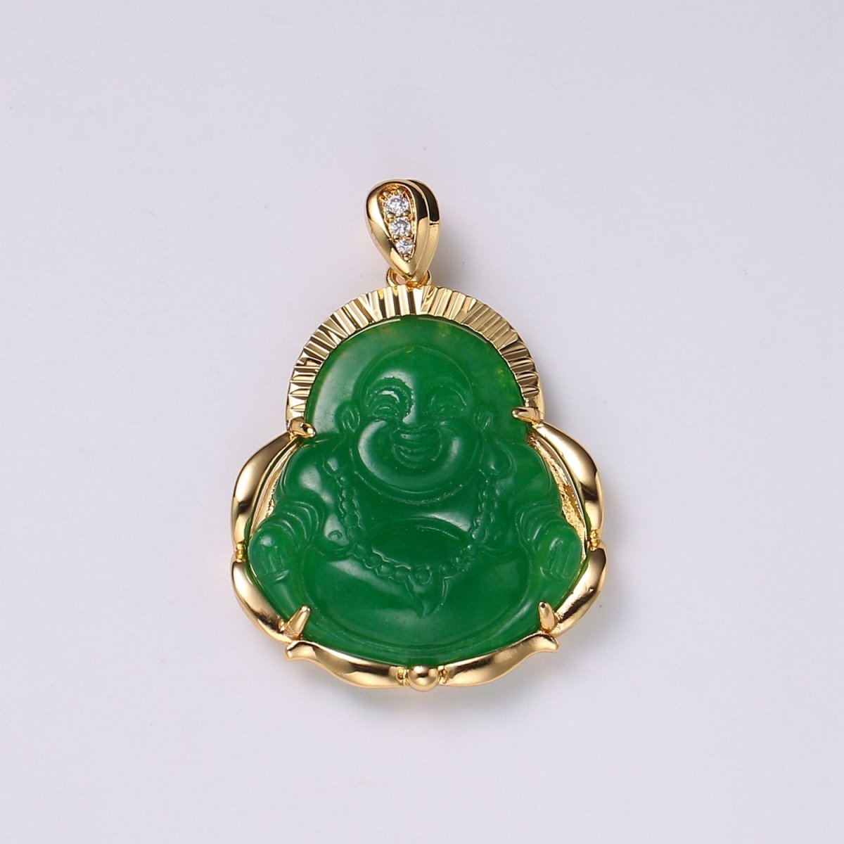 Genuine Green Jade Gold Laughing Buddha, Buddhist, Peace, Gift, Cubic Zirconia Necklace Pendant Charm Bead Bails Findings for Jewelry Making AH-258