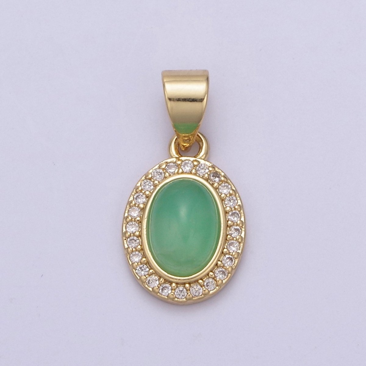 Genuine Green Jade Oval with Clear Cubic Zircon Pendant for Minimalist Jewelry Gemstone H-791