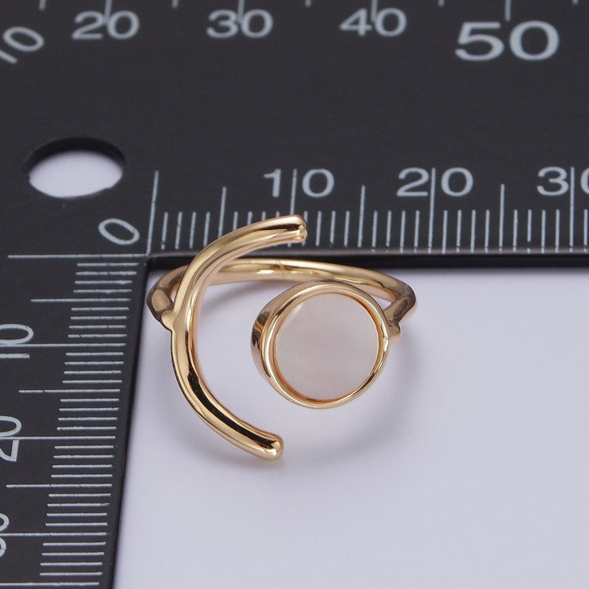 Geometric Crescent Round Shell Pearl Adjustable Gold Ring | O-239