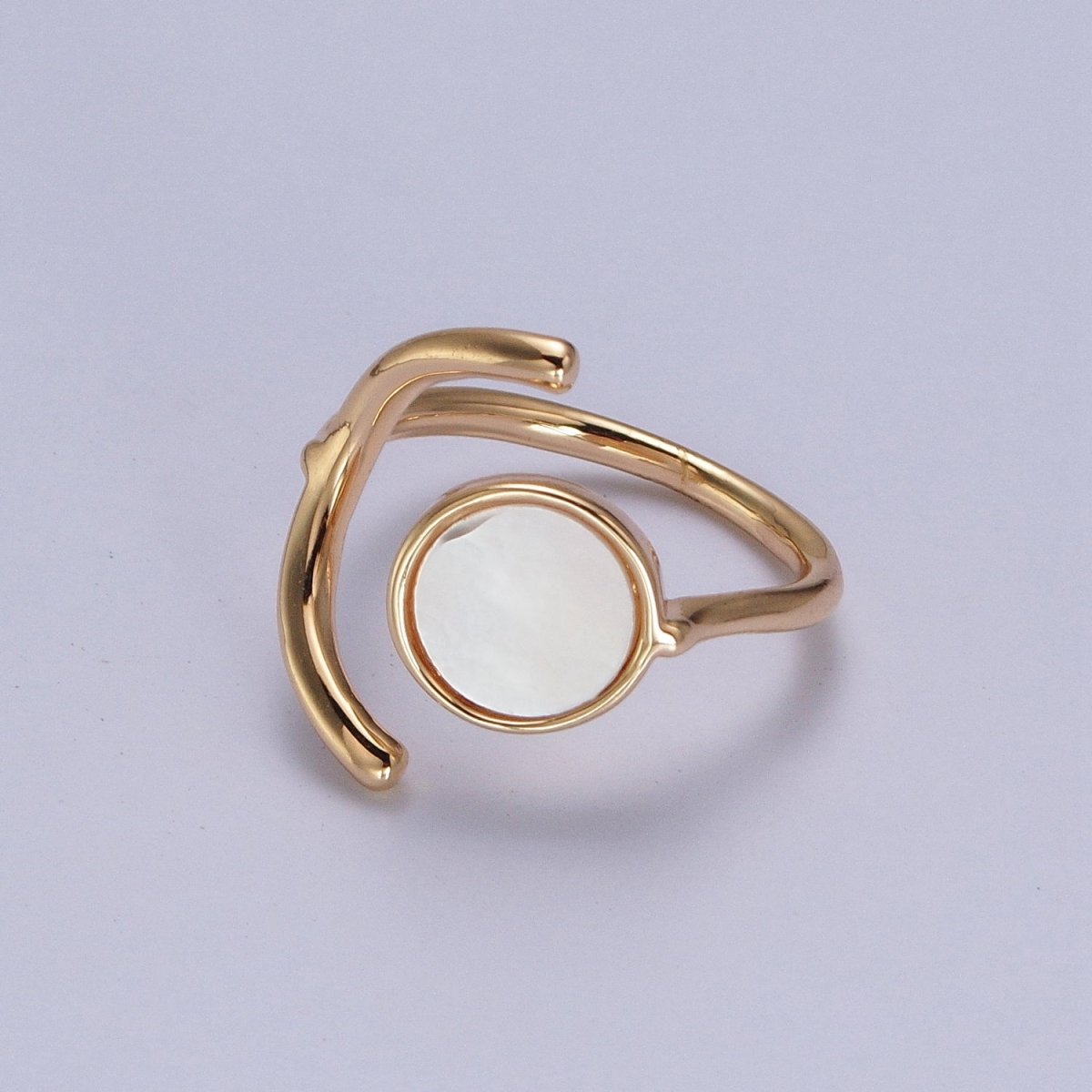 Geometric Crescent Round Shell Pearl Adjustable Gold Ring | O-239