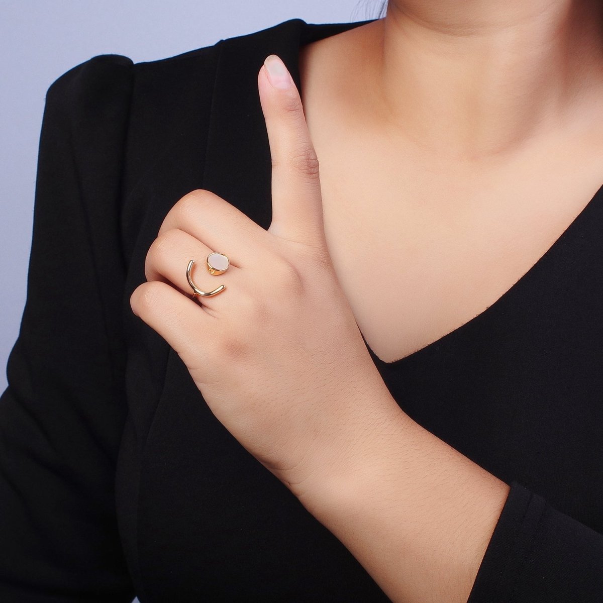 Geometric Crescent Round Shell Pearl Adjustable Gold Ring | O-239