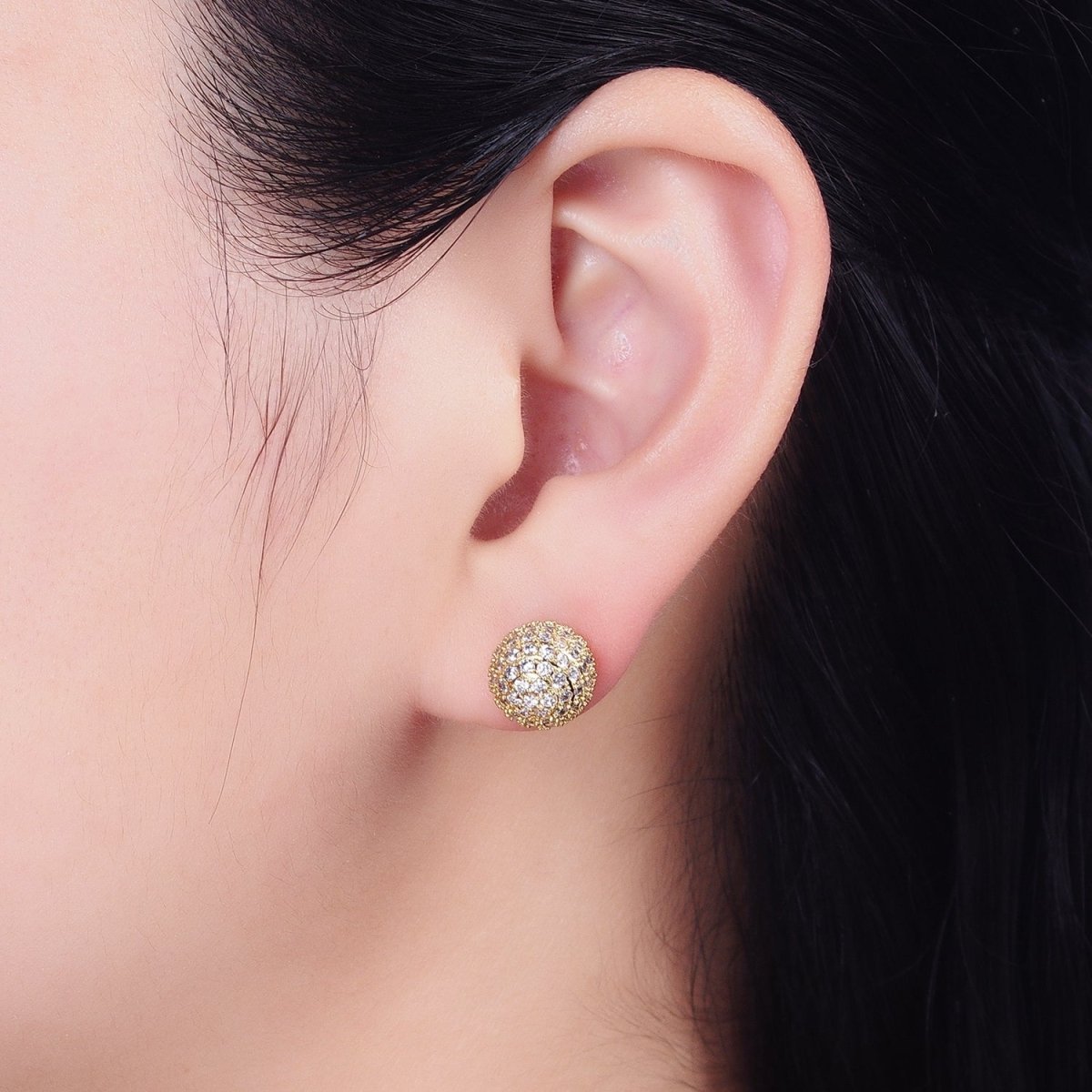 Gold 8mm, 10mm Round Shambala Bead Micro Paved Stud Earrings | AB1010 AB1011