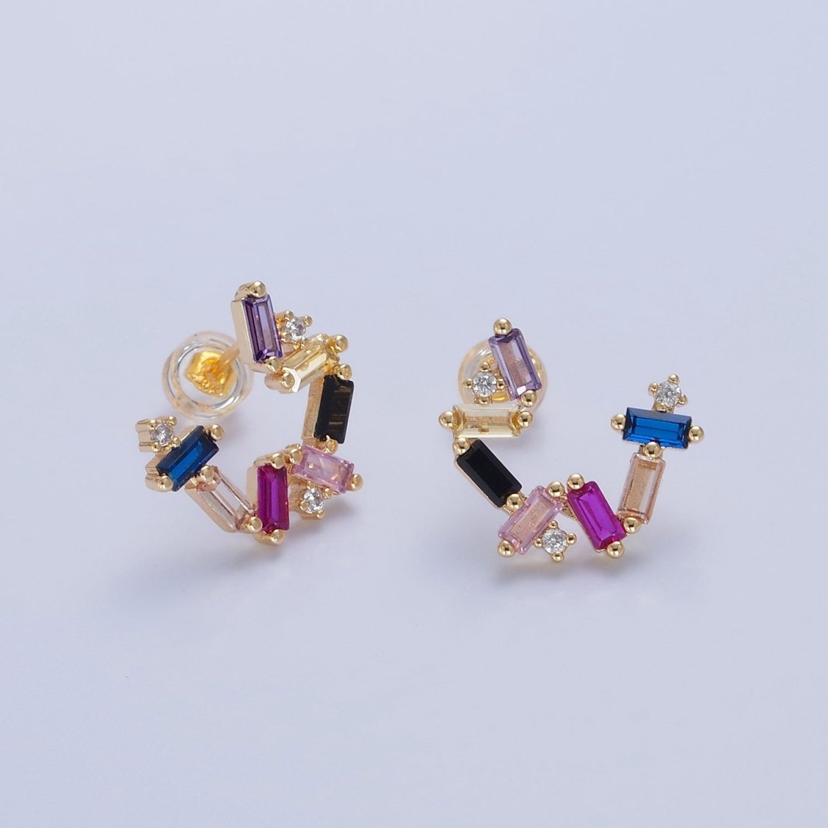Gold Abstract Circular Zig Zag Multicolor Baguette Stud Earrings | T-476