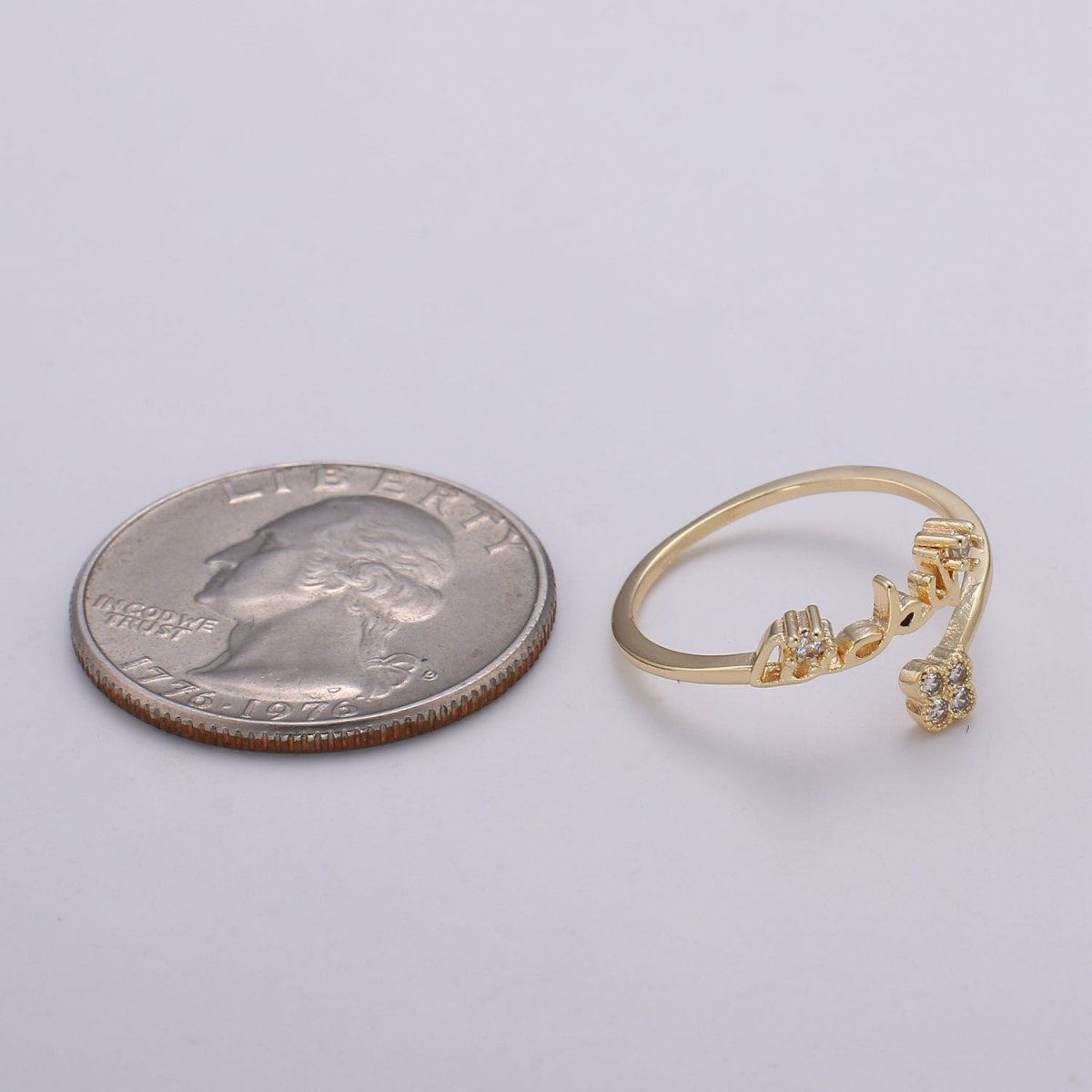 Gold Adjustable Clover Ring with Cz Stone, Four Leaf Clover Good Luck Ring for Her Floral Ring for Minimalist Jewelry R-182
