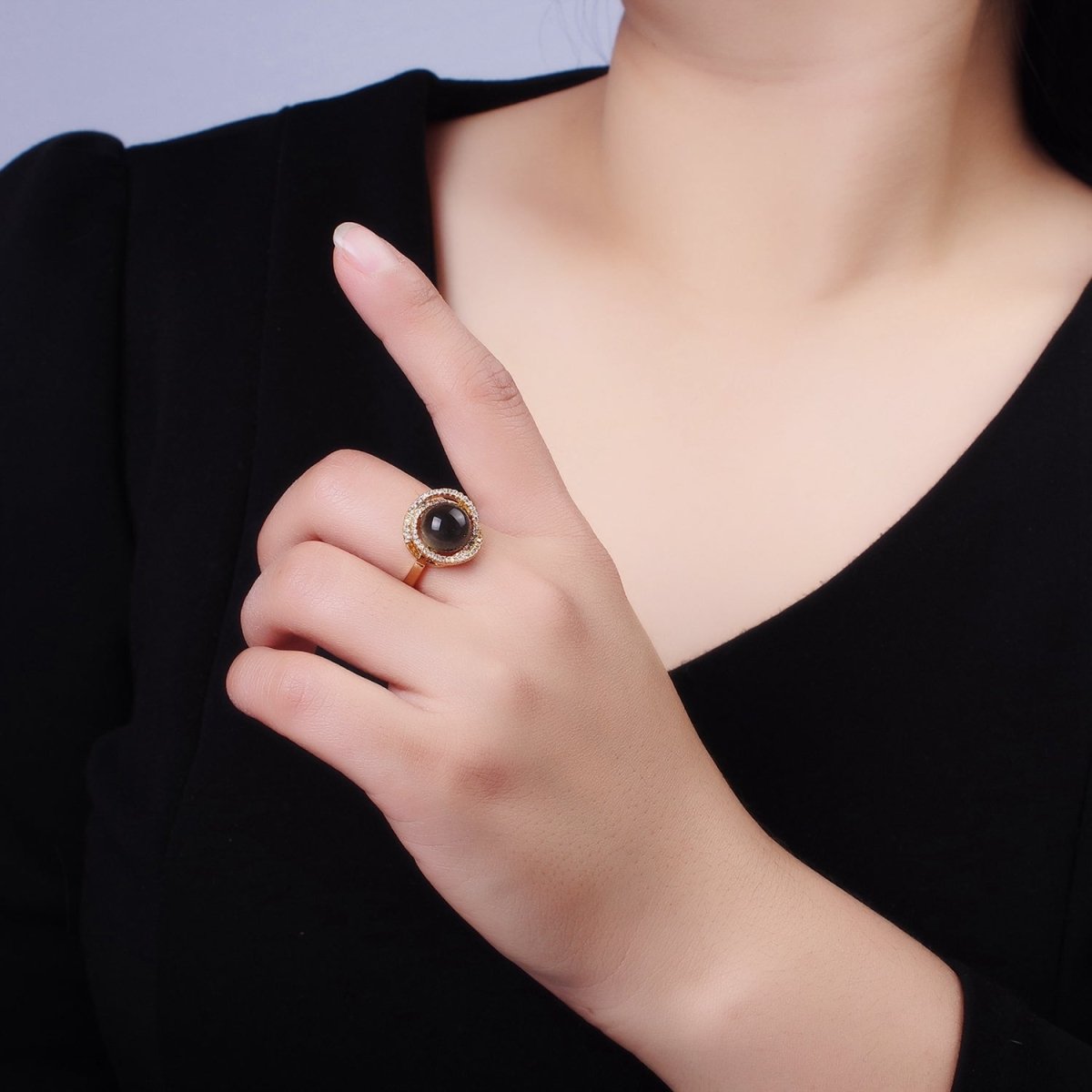 Gold Adjustable Ring with Onyx Black Bead with Clear Cz | O1280