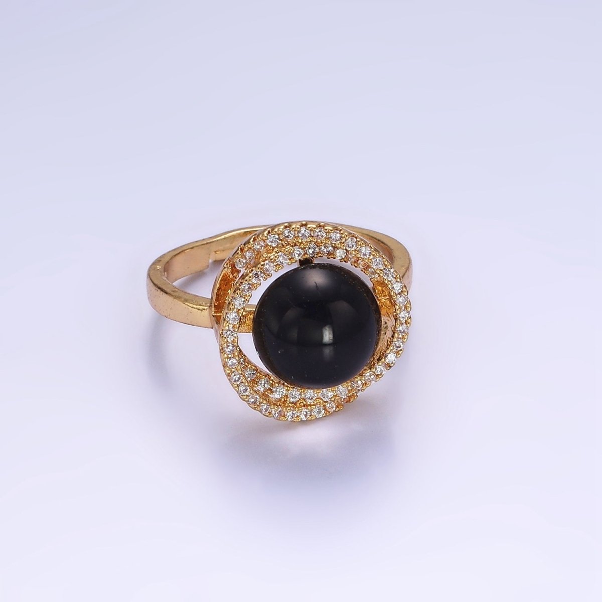 Gold Adjustable Ring with Onyx Black Bead with Clear Cz | O1280