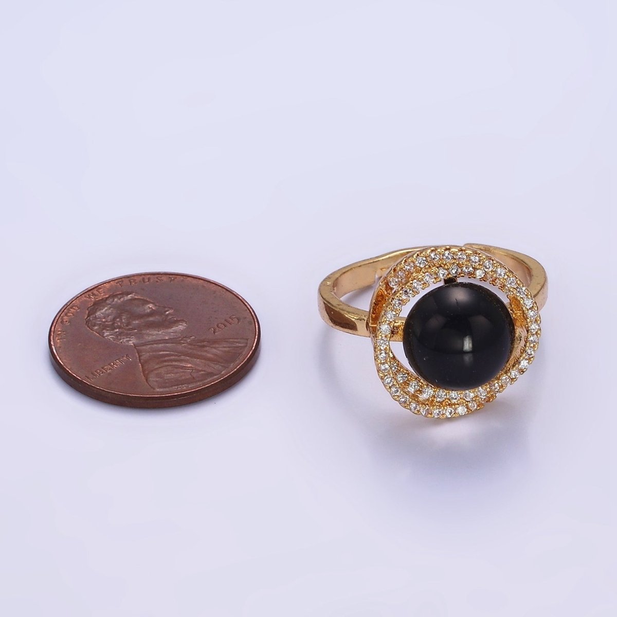 Gold Adjustable Ring with Onyx Black Bead with Clear Cz | O1280
