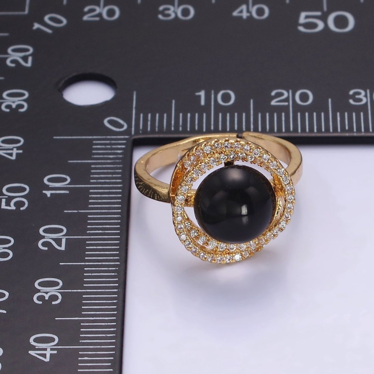 Gold Adjustable Ring with Onyx Black Bead with Clear Cz | O1280