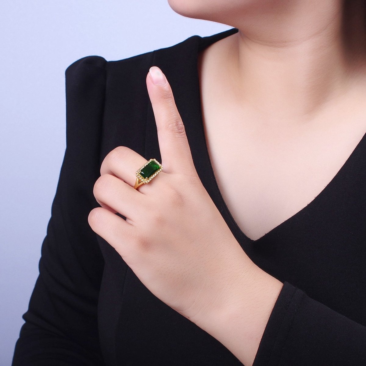 Gold Baguette Emerald Green & Round Clear Cubic Zirconia Adjustable Ring R-008