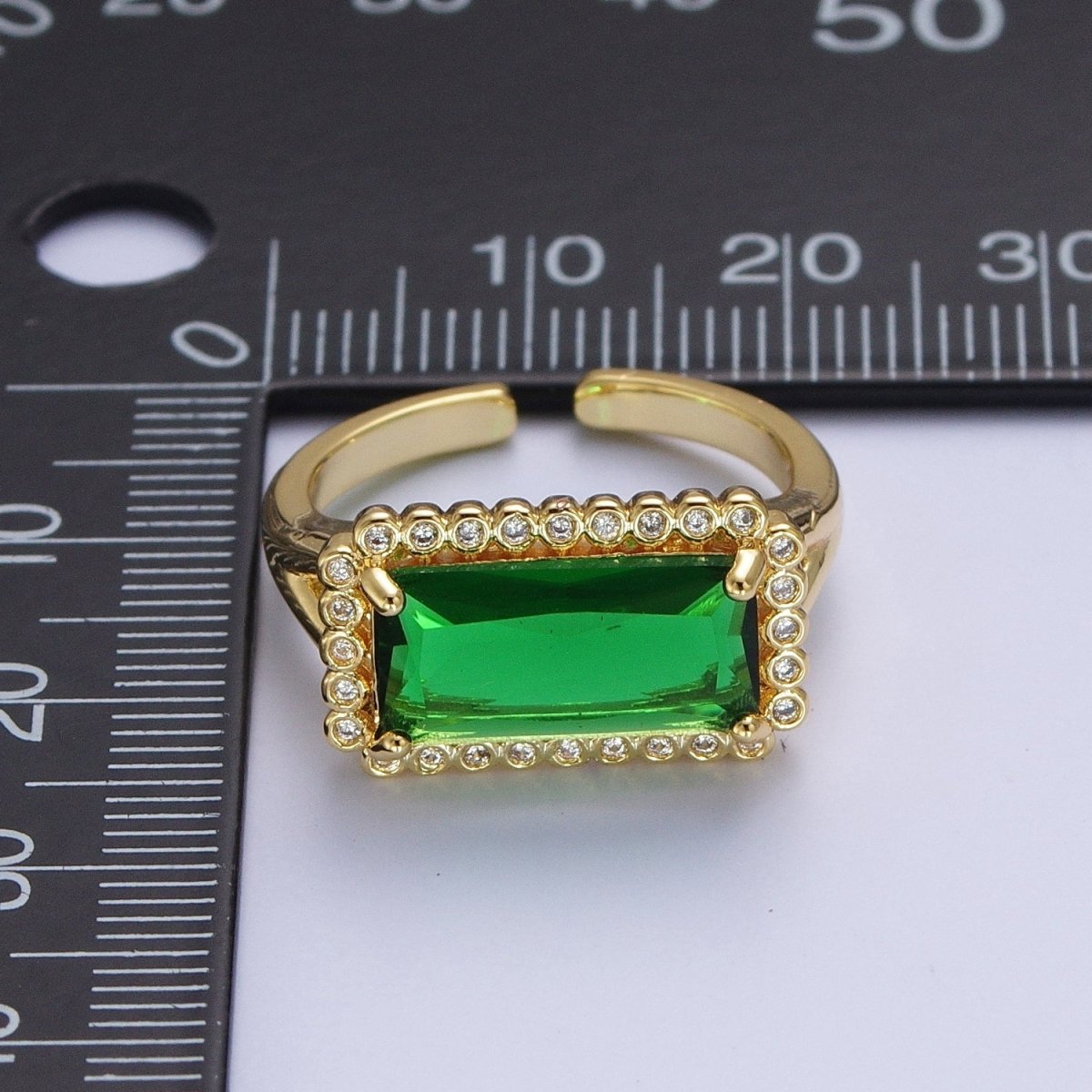 Gold Baguette Emerald Green & Round Clear Cubic Zirconia Adjustable Ring R-008
