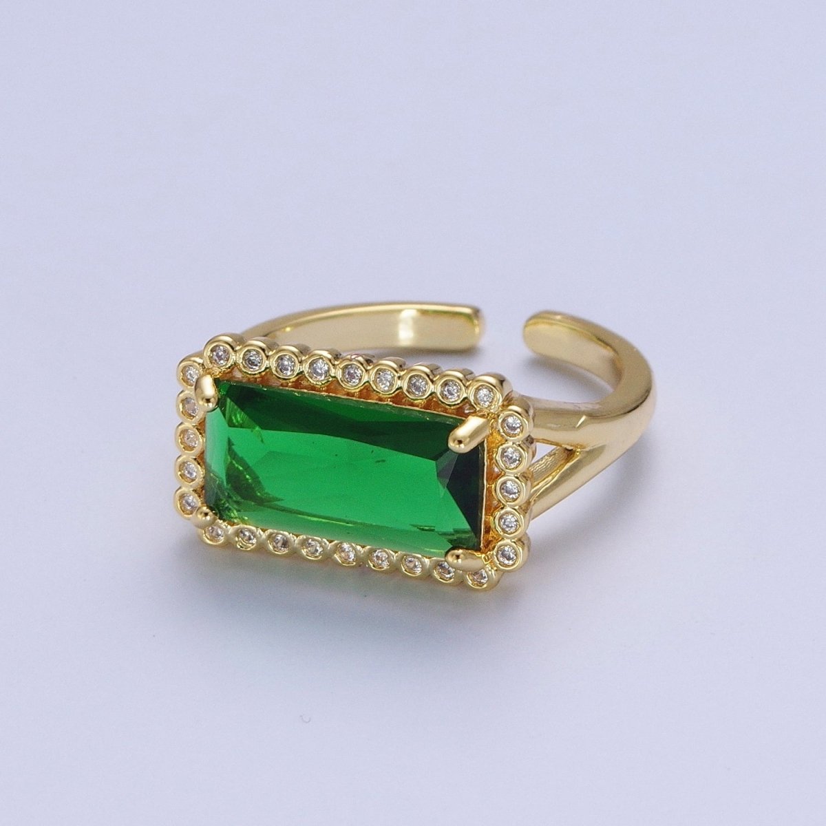Gold Baguette Emerald Green & Round Clear Cubic Zirconia Adjustable Ring R-008