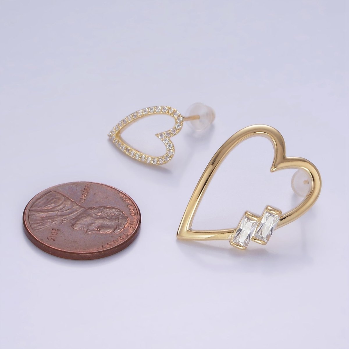 Gold Baguette Micro Paved CZ Open Heart Stud Earrings Set in Gold & Silver | AE484 AE485