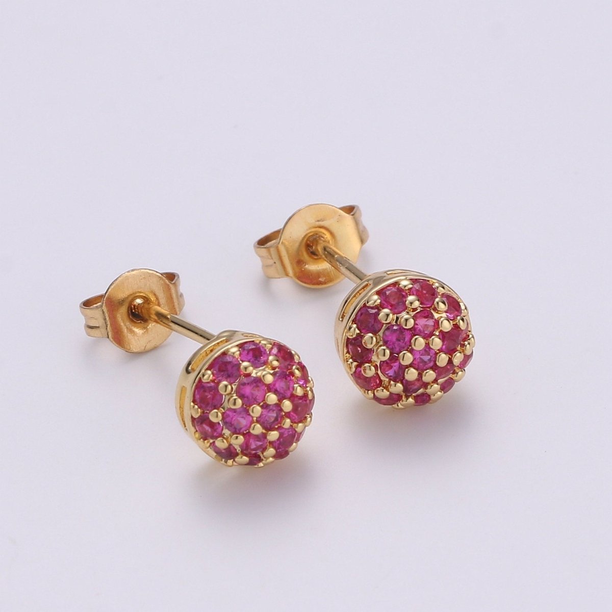 Gold Ball Stud Earrings Set, 14k Gold Plated Sterling Silver Hypoallergenic Jewelry Micro Pave Fuschia Stud Q-259