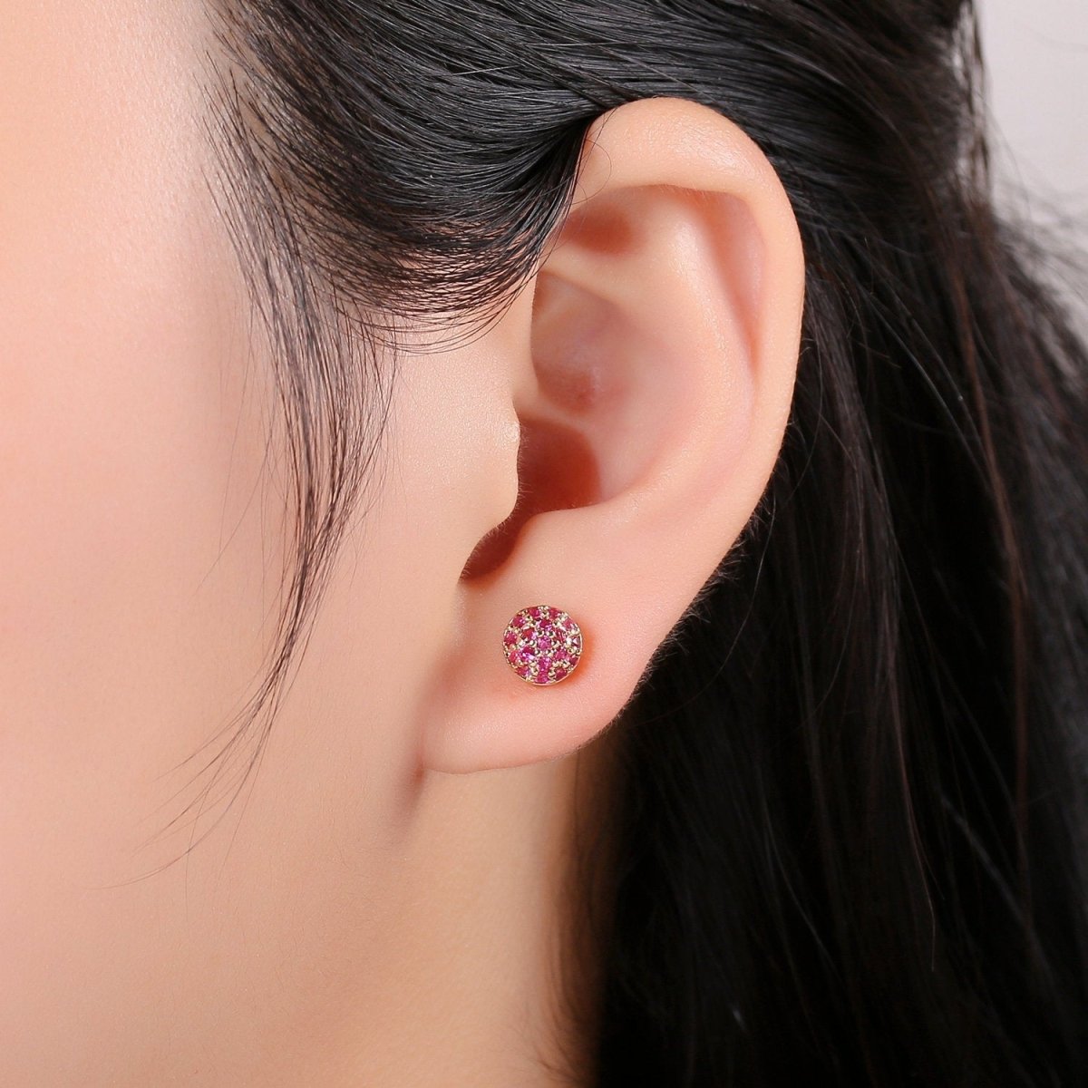 Gold Ball Stud Earrings Set, 14k Gold Plated Sterling Silver Hypoallergenic Jewelry Micro Pave Fuschia Stud Q-259