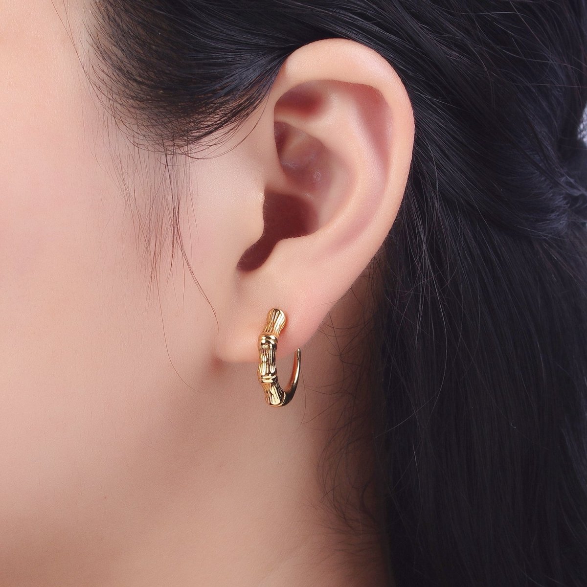 Gold Bamboo C-Shaped Hoop Geometric Earrings | AB015