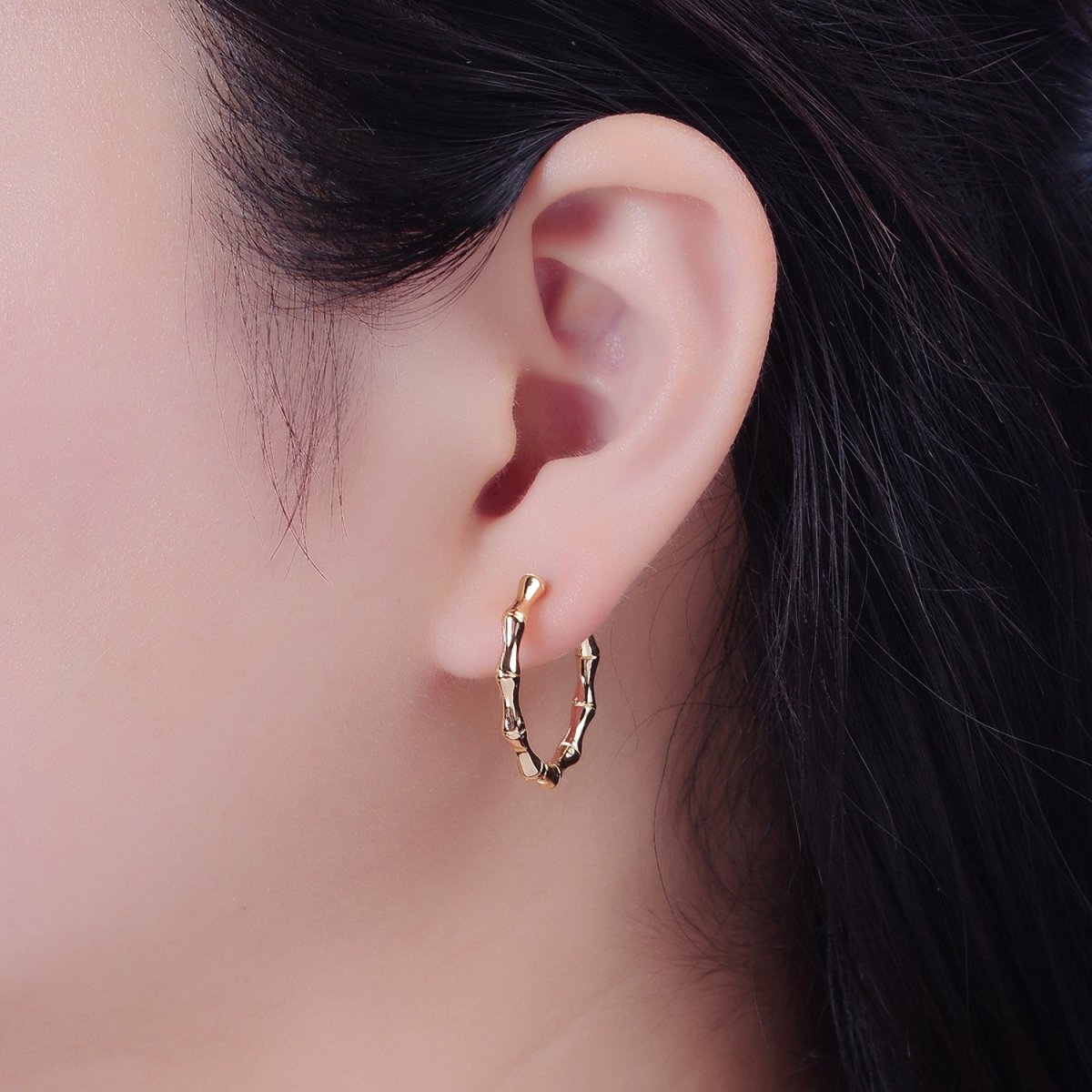 Gold Bamboo Hoop Earrings, Everyday Hoops, Minimalist Gold Hoop T-429