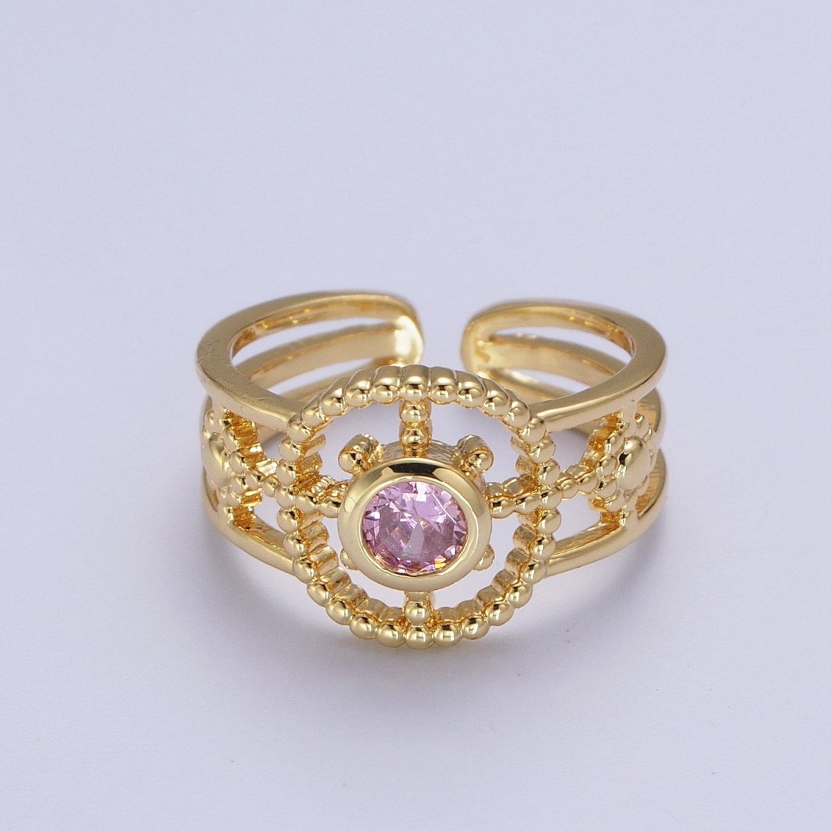 Gold Beaded Celestial Sun CZ Cubic Zirconia Double Band Ring | O-078~O-083