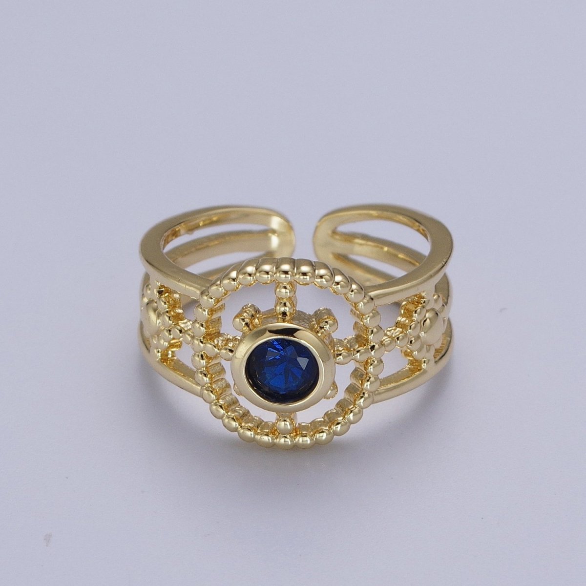 Gold Beaded Celestial Sun CZ Cubic Zirconia Double Band Ring | O-078~O-083