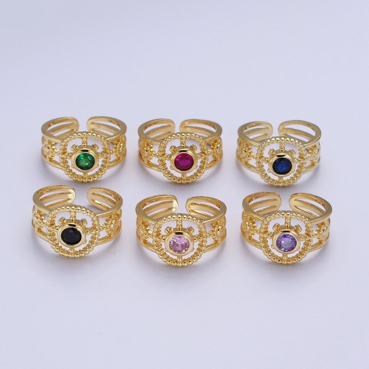 Gold Beaded Celestial Sun CZ Cubic Zirconia Double Band Ring | O-078~O-083