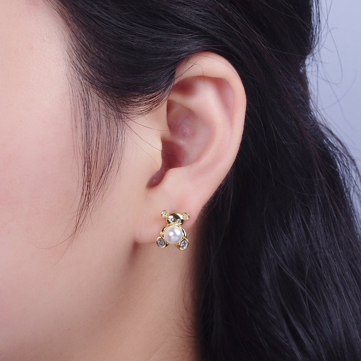 Gold Bear Stud Earring with Pearl For Women Jewelry P-278