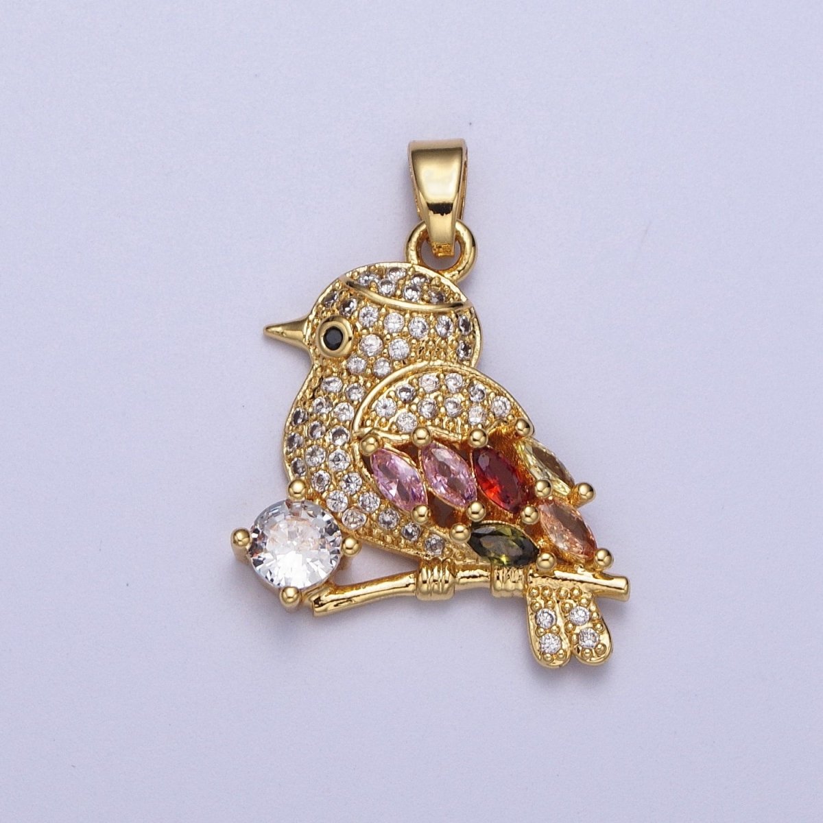 Gold Bird on Tree Branch Round Marquise Cubic Zirconia Animal Nature Jewelry | X-549