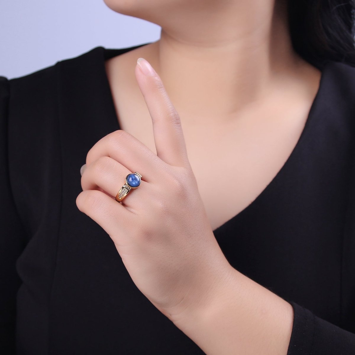 Gold Blue Tiger Eye Rings | Oval Gemstone Signet Ring | Gold Gem Stone Rings | Chunky Gold Statement Ring U-372