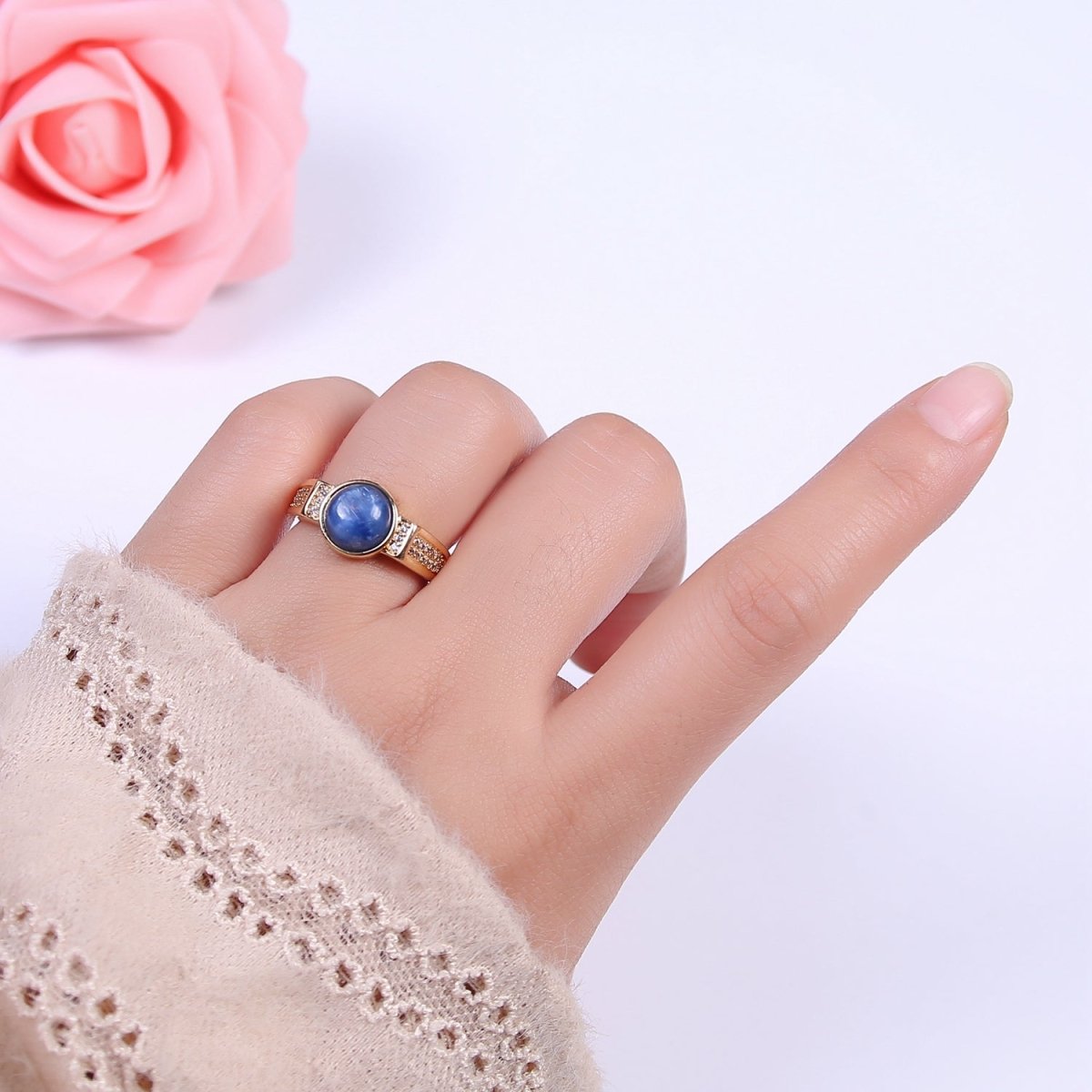 Gold Blue Tiger Eye Rings | Oval Gemstone Signet Ring | Gold Gem Stone Rings | Chunky Gold Statement Ring U-372
