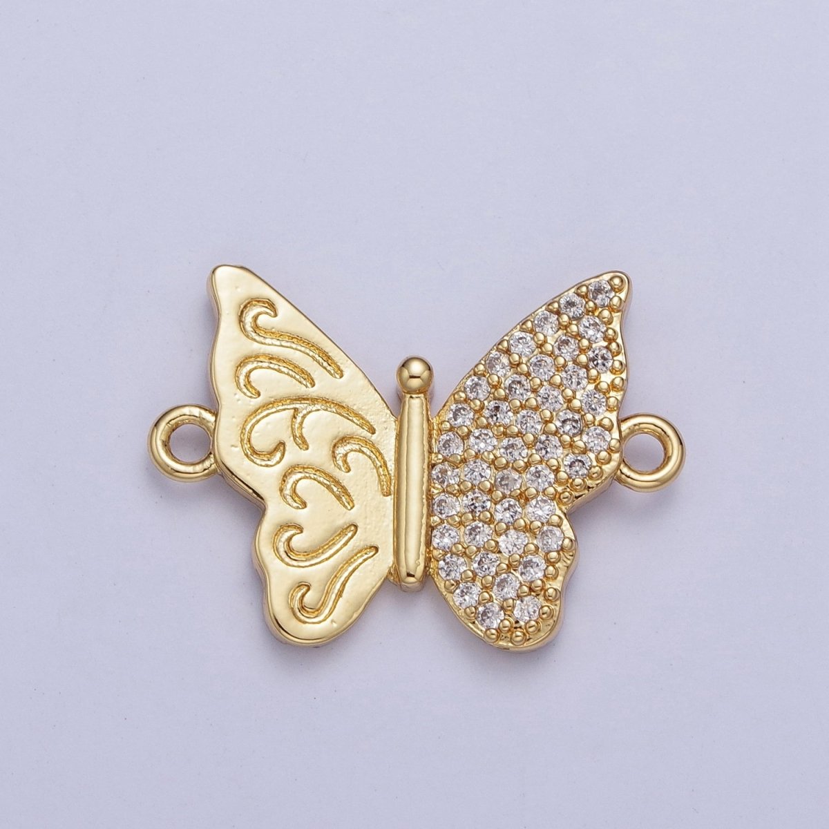 Gold Butterfly Connector Charm, Half Engraving Half Micro Pave Cubic Zirconia Bracelet Necklace Connector For Jewelry Making F-059