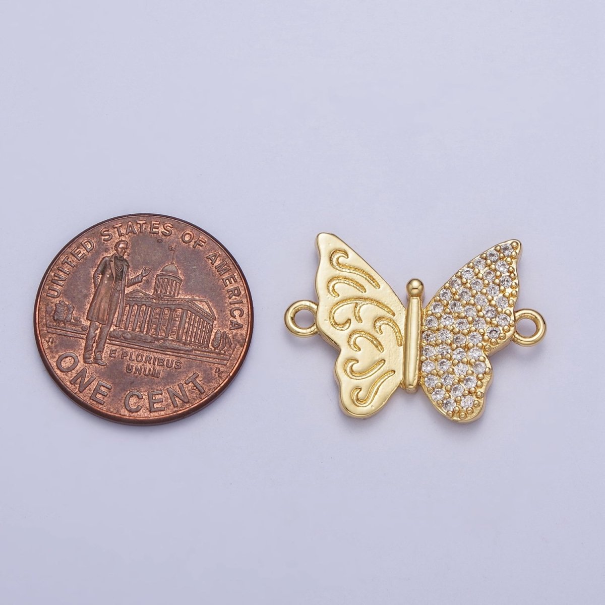 Gold Butterfly Connector Charm, Half Engraving Half Micro Pave Cubic Zirconia Bracelet Necklace Connector For Jewelry Making F-059