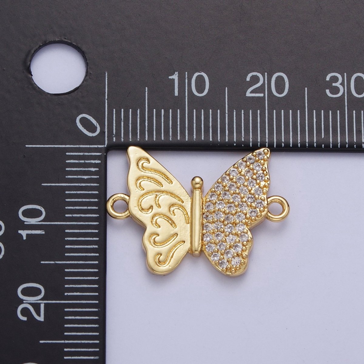 Gold Butterfly Connector Charm, Half Engraving Half Micro Pave Cubic Zirconia Bracelet Necklace Connector For Jewelry Making F-059
