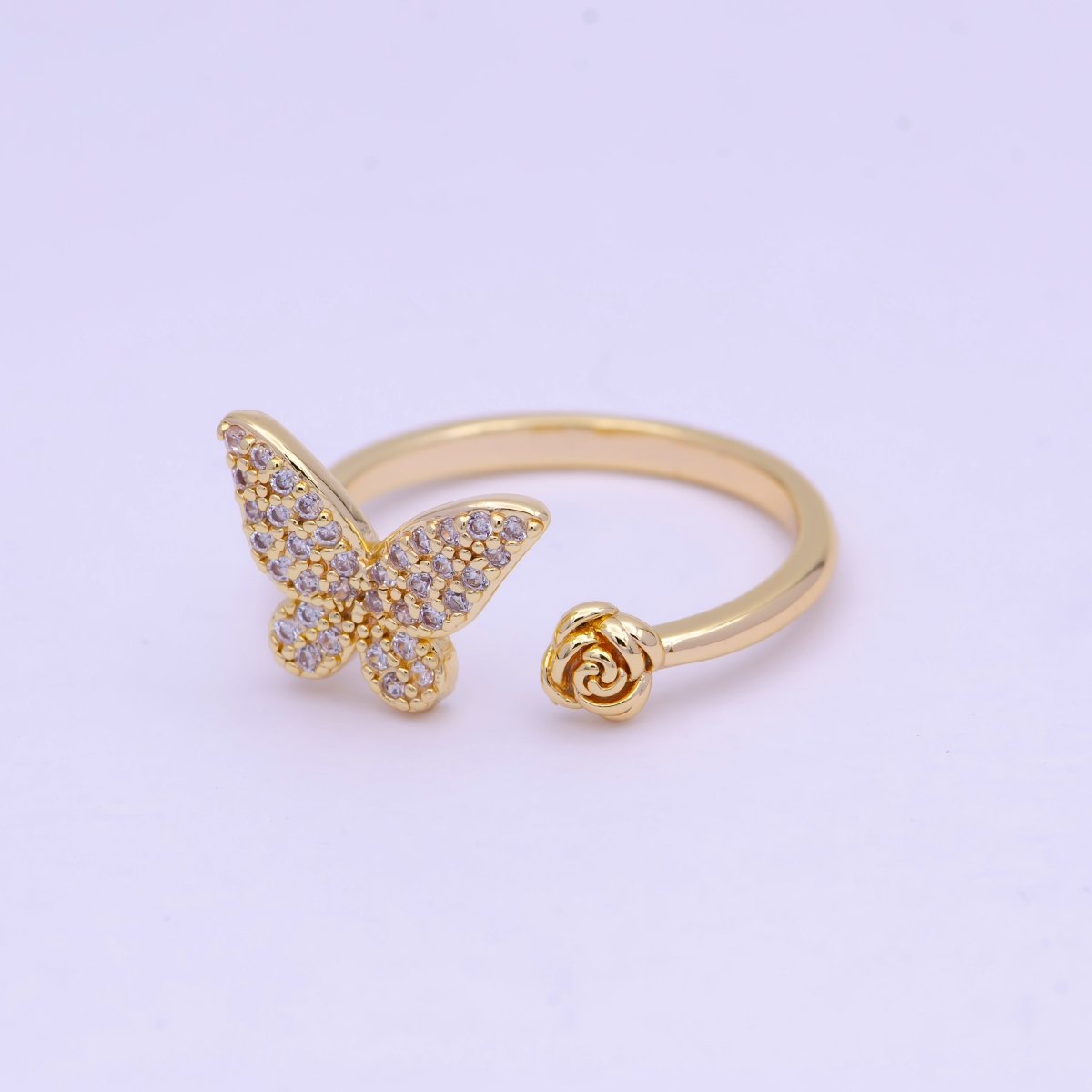 Gold Butterfly Ring with Rose Flower Open Adjustable | U-136