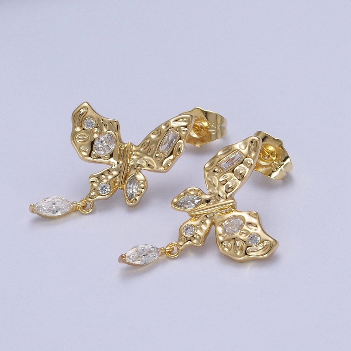 Gold Butterfly Stud Earring with Marquise Drop Charm Clear Multi Color Cz Mariposa Earring AE-1042 AE-1043