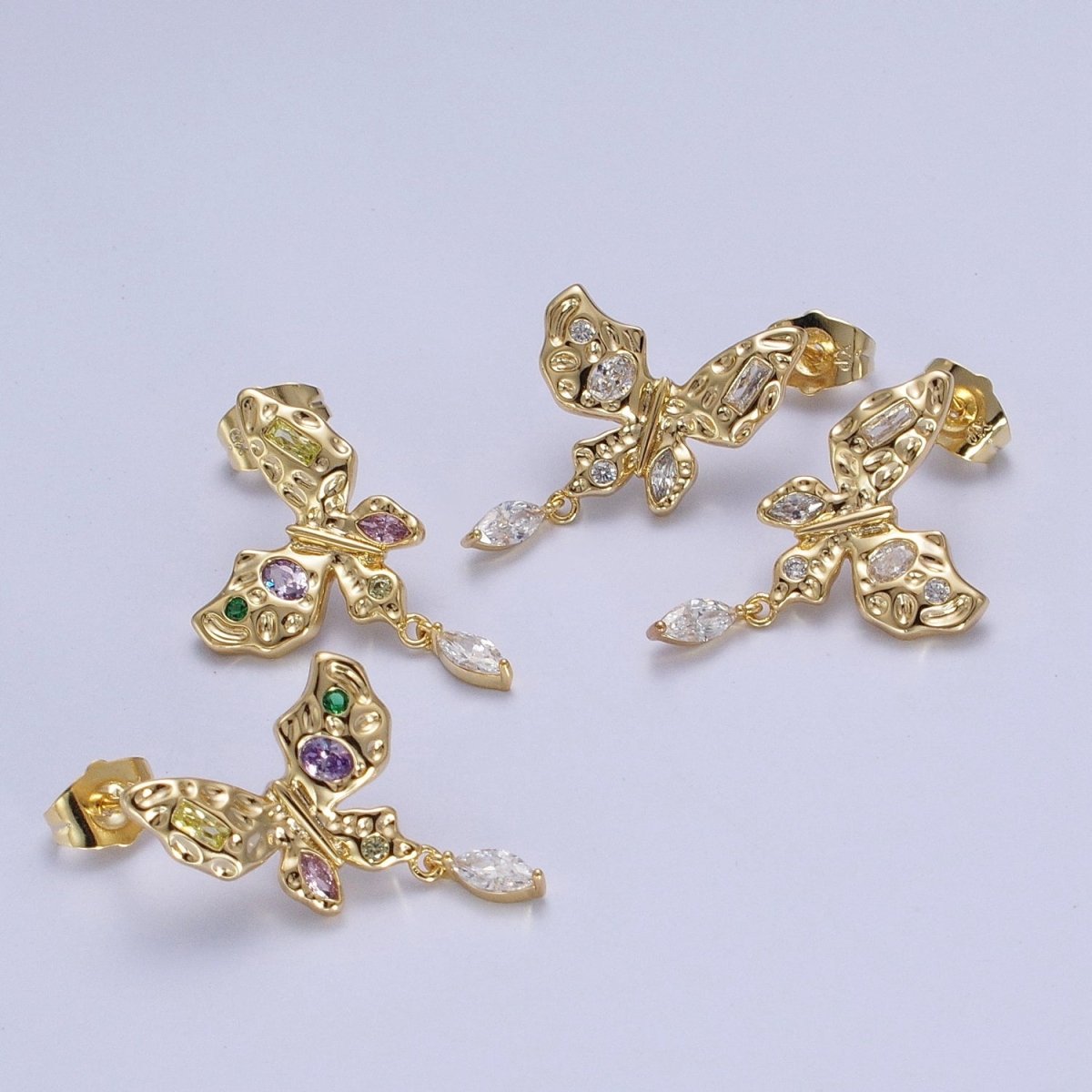 Gold Butterfly Stud Earring with Marquise Drop Charm Clear Multi Color Cz Mariposa Earring AE-1042 AE-1043