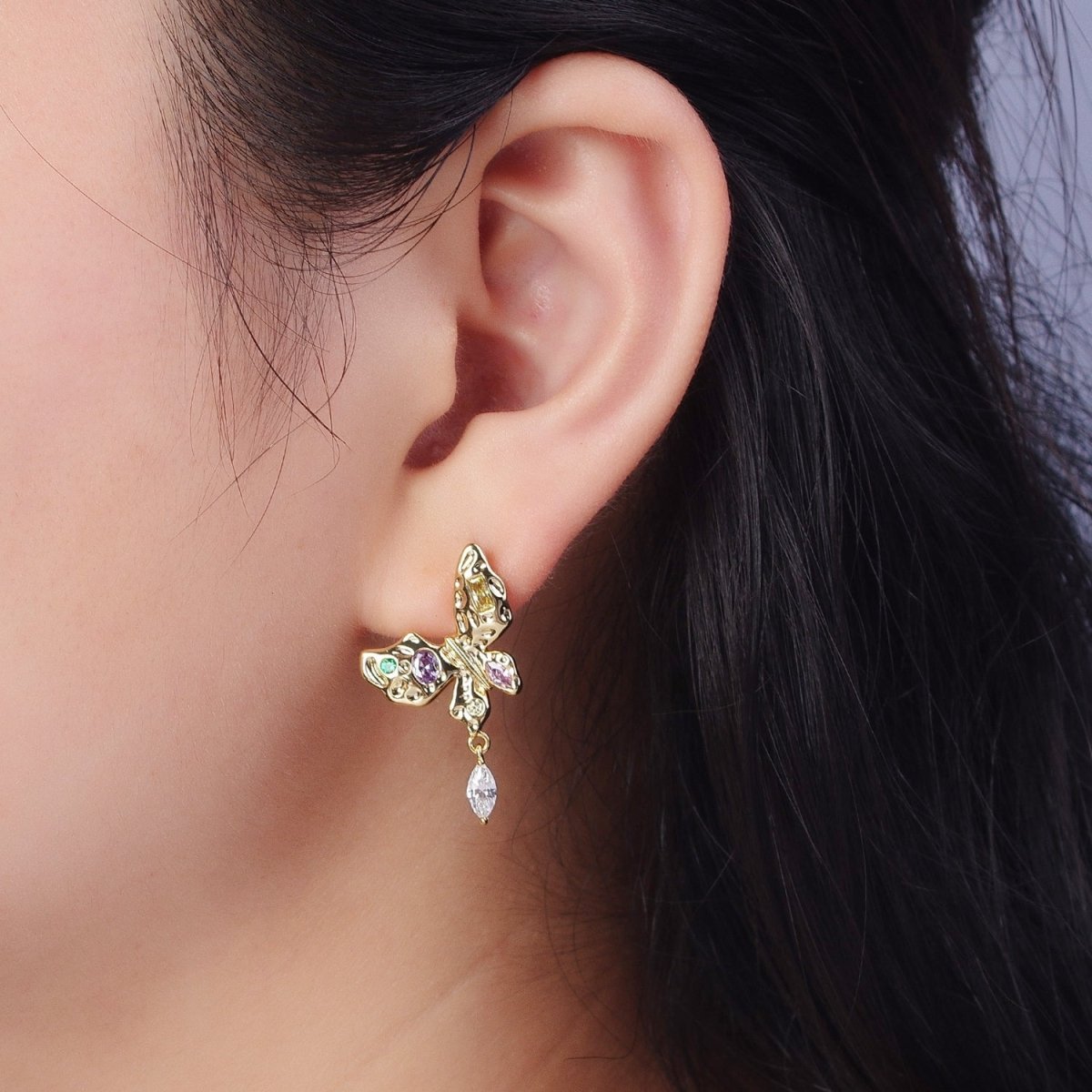 Gold Butterfly Stud Earring with Marquise Drop Charm Clear Multi Color Cz Mariposa Earring AE-1042 AE-1043