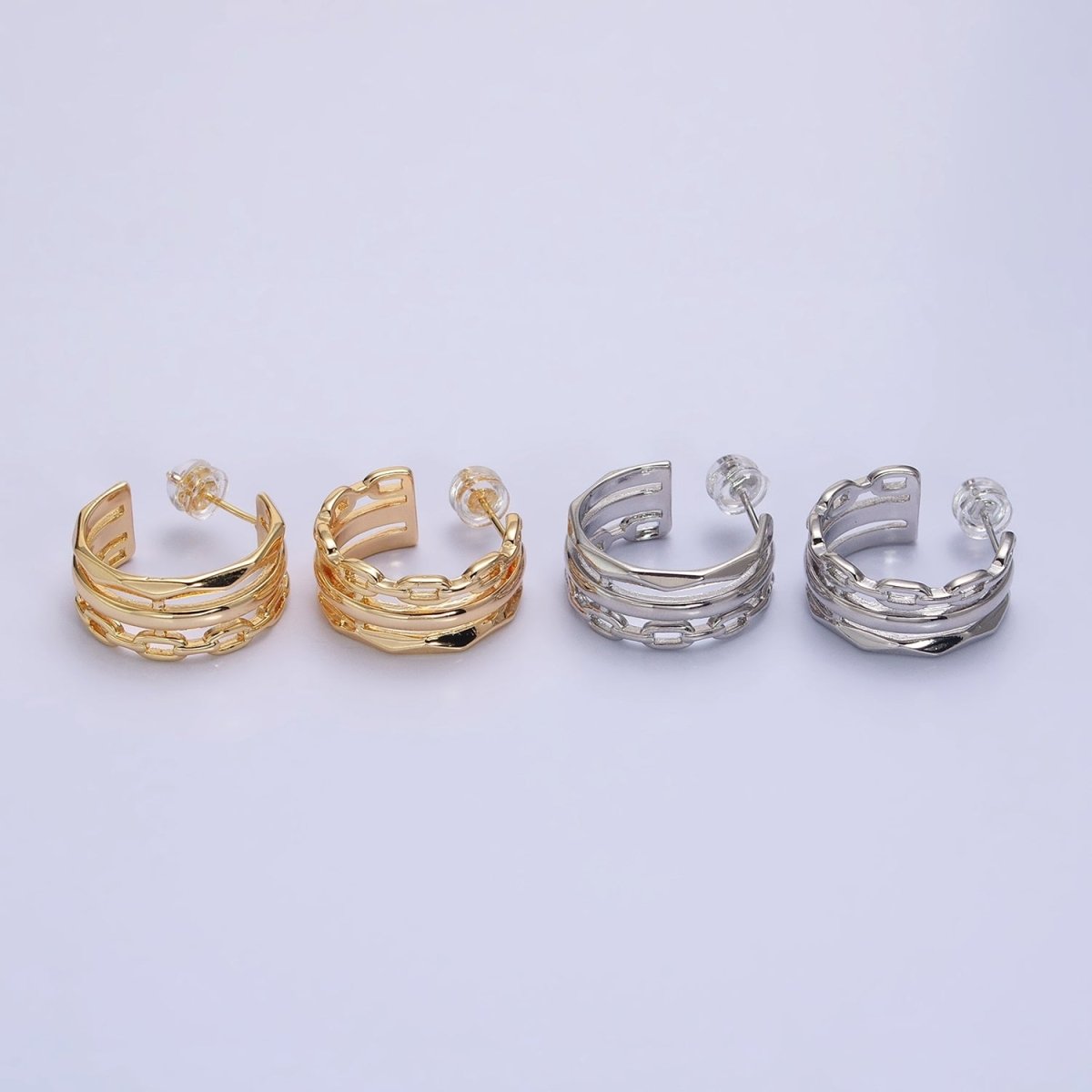 Gold Cable Link Hoop Earring Silver Triple Layer Hoop in Silver AB608 AB609