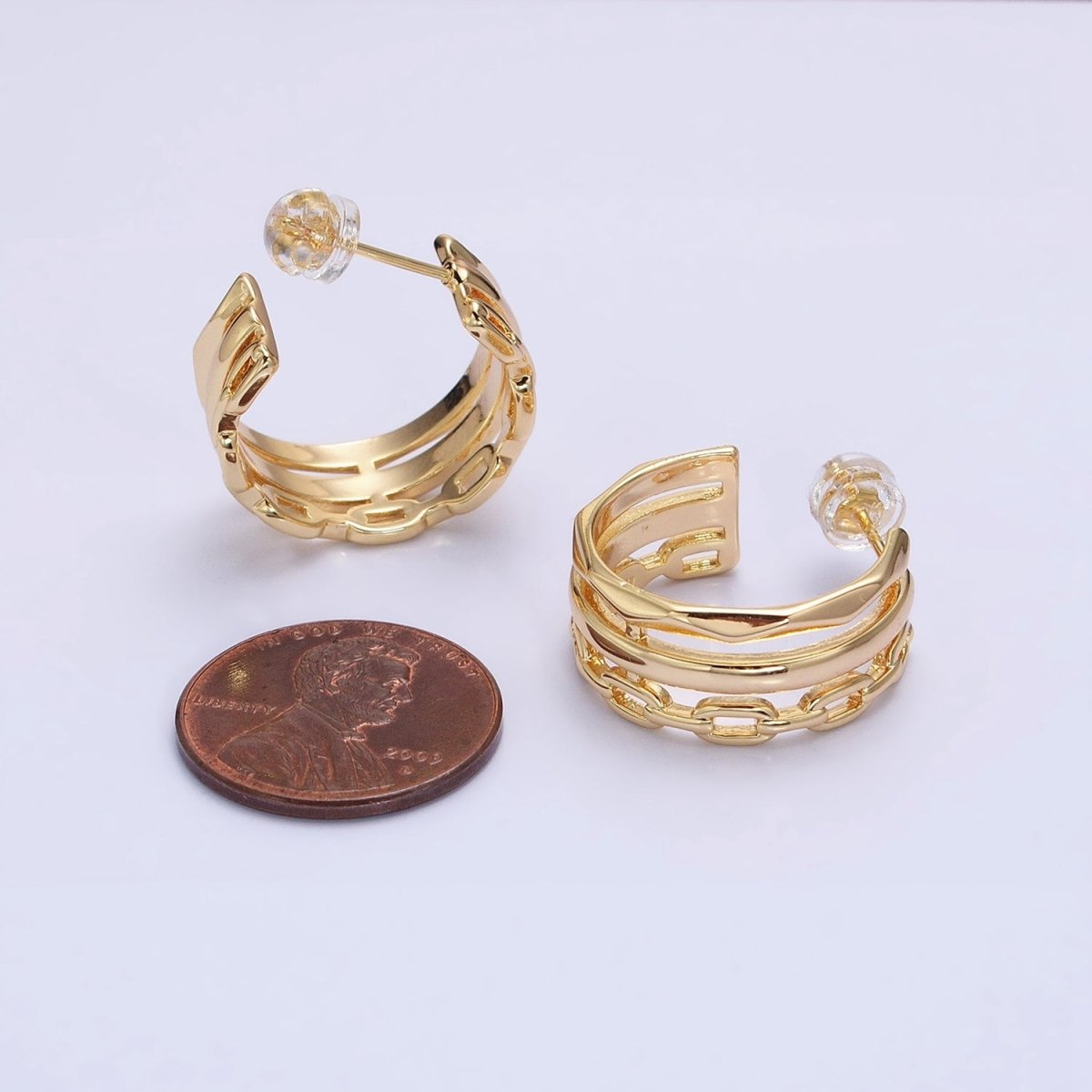 Gold Cable Link Hoop Earring Silver Triple Layer Hoop in Silver AB608 AB609