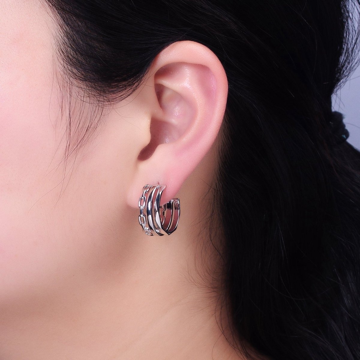 Gold Cable Link Hoop Earring Silver Triple Layer Hoop in Silver AB608 AB609