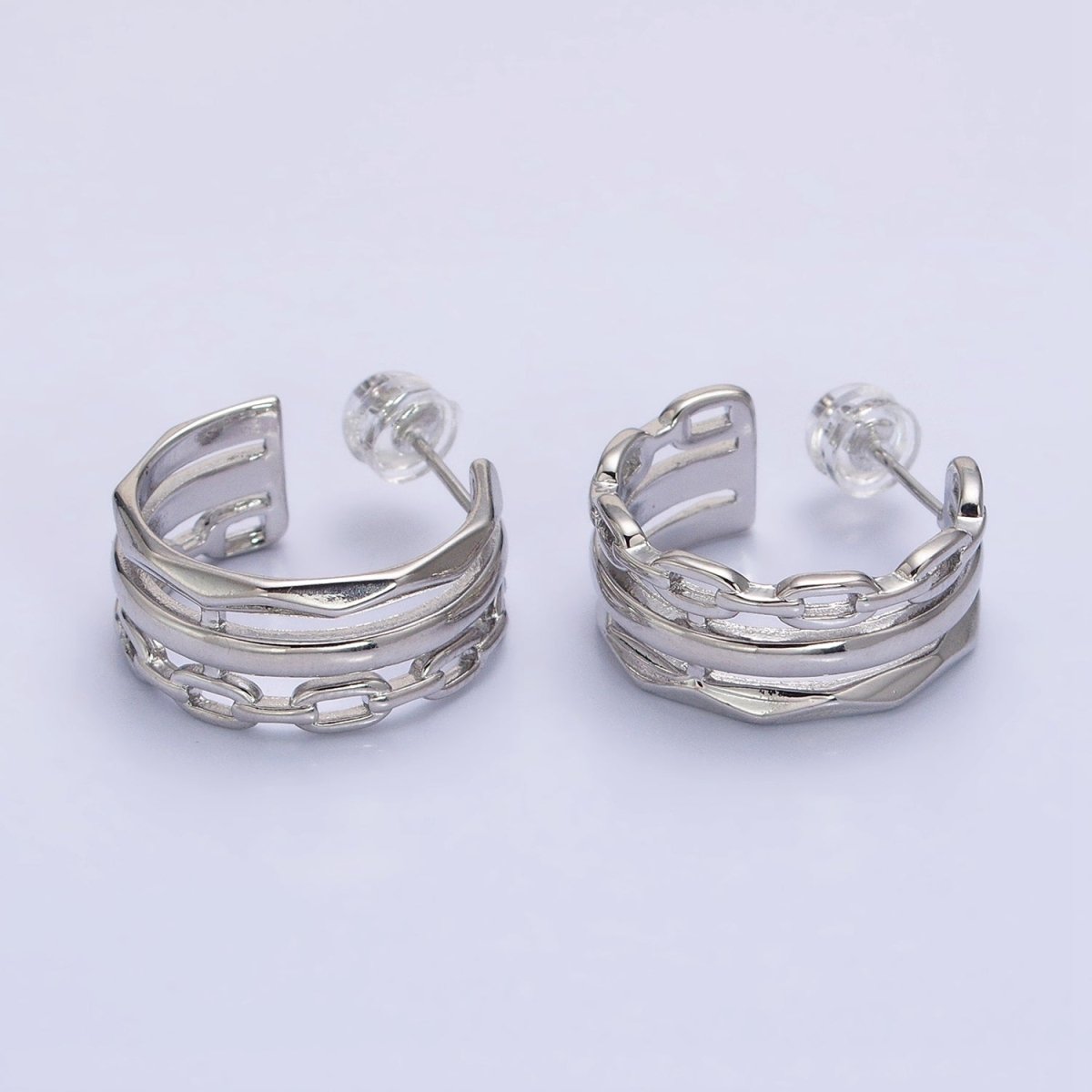 Gold Cable Link Hoop Earring Silver Triple Layer Hoop in Silver AB608 AB609